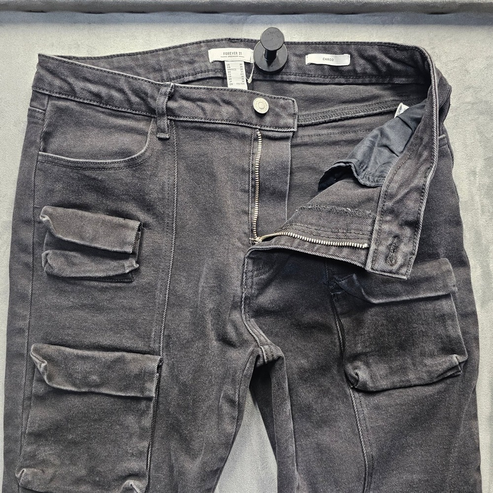 Forever 21 Premium Mens Cargo Jeans Washed Black Multi Pocket Sz 30 (32) Utility